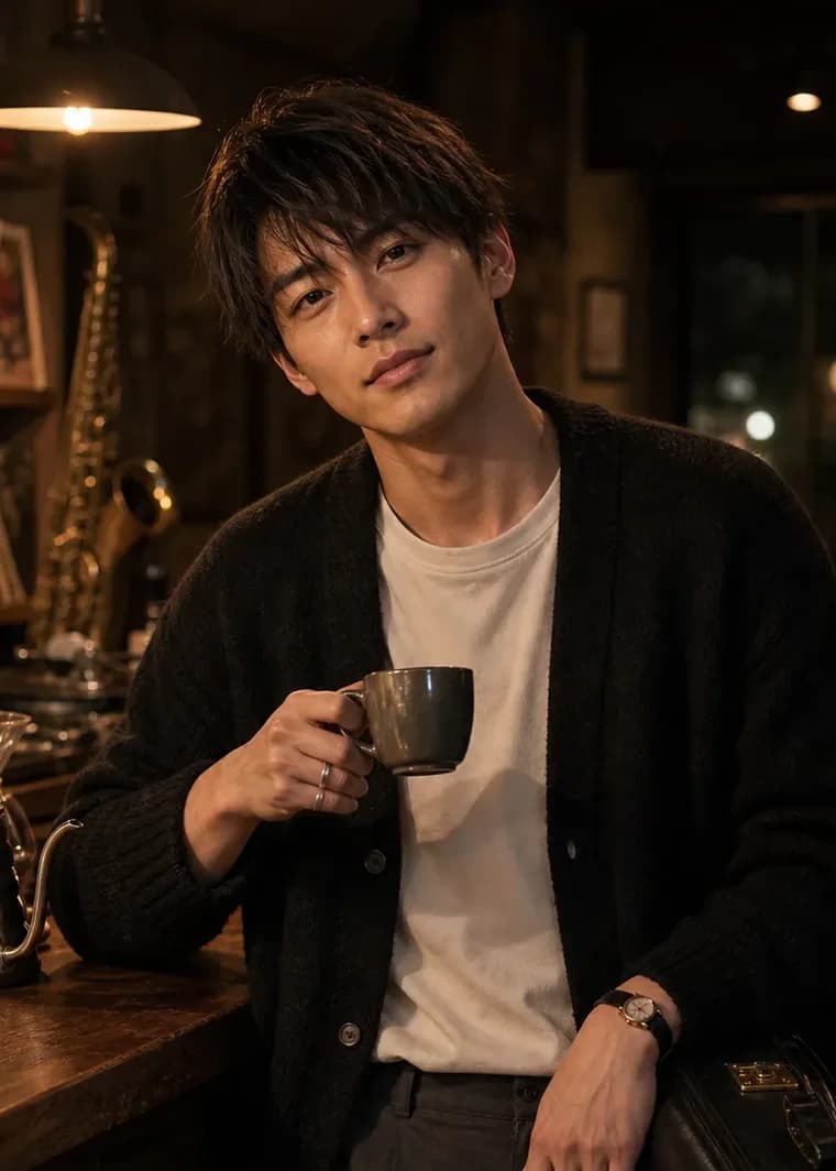 BeMine 캐릭터 나나세 토오루가 카페에서 커피잔을 들고 눈을 맞추는 모습